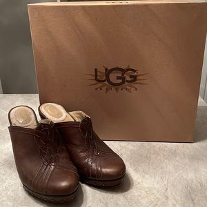 UGG Brown Leather Shearling-Lined Clog Mules
